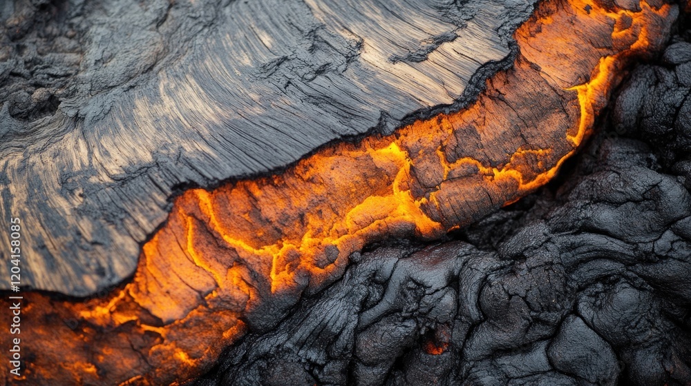 Fototapeta premium Molten lava flowing through solidified volcanic rock.