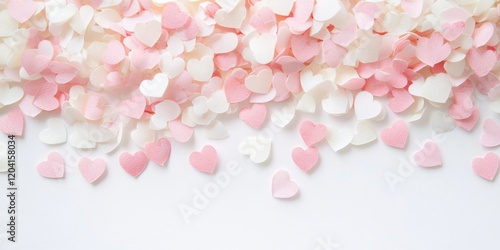 Pink and white heart-shaped confetti on white background