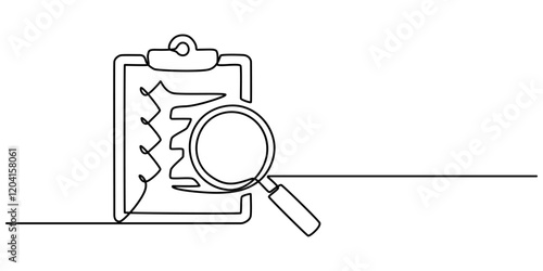 continuous line drawing clipboard with magnifying glass. Concept of Business analysis in simple outline style. Transparent background illustration, Auditing Line icon, Sketch Design, Pixel perfect, 