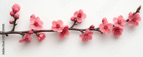 Vibrant pink cherry blossom branch on white background