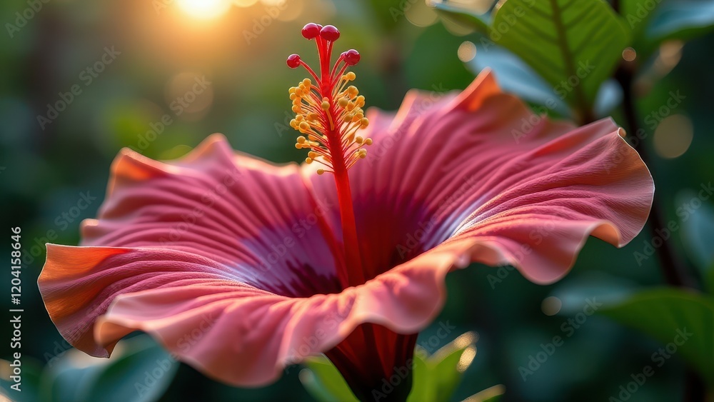 Fototapeta premium Close-Up of a Vibrant Red Hibiscus Flower in Natural Sunlight