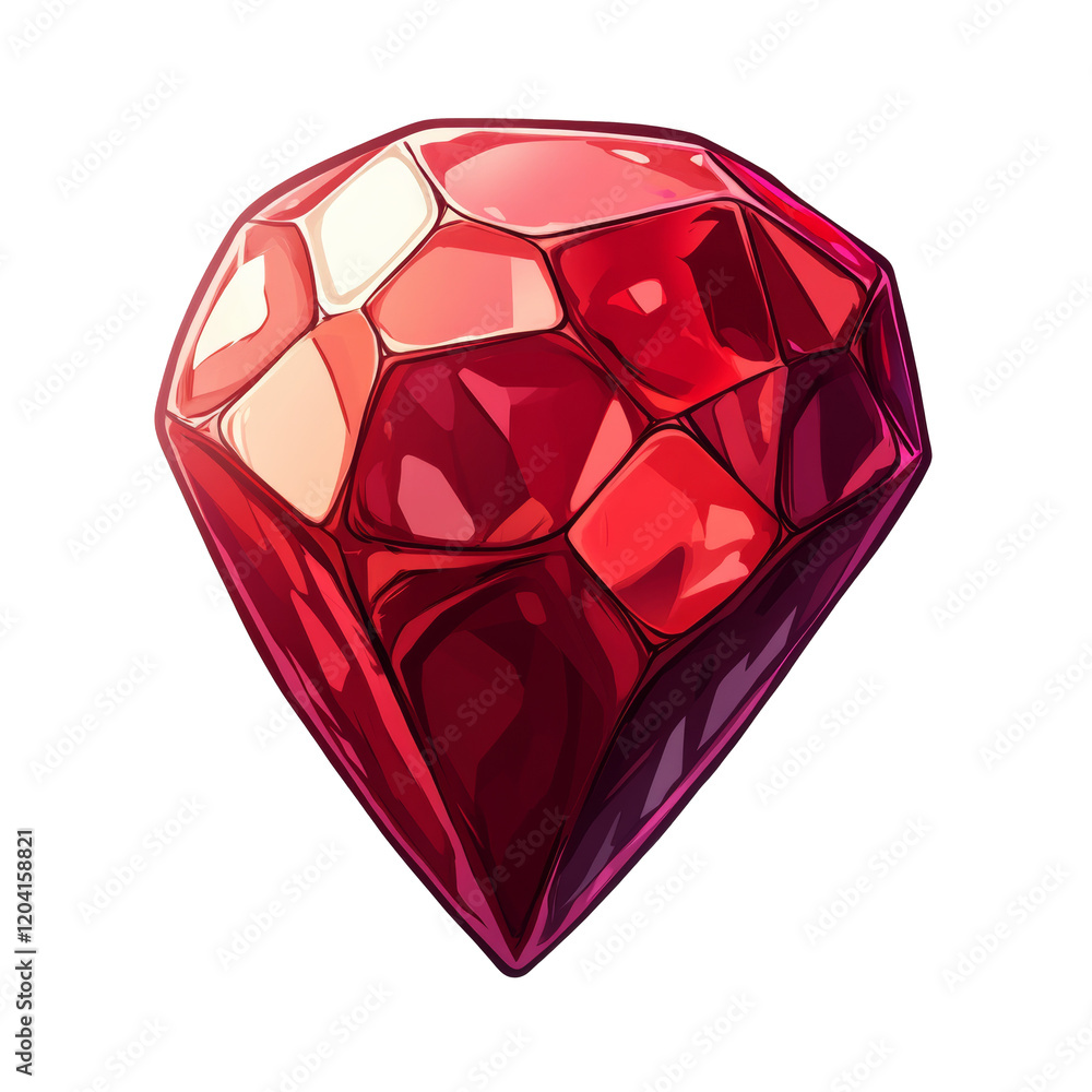 A red faceted gemstone with a glossy surface, shining brightly against a white background. This image represents luxury, wealth, and treasure, ideal for games, branding, or jewelry concepts. A red faceted gemstone with a glossy surface, shining brightly against a white background. This image represents luxury, wealth, and treasure, ideal for games, branding, or jewelry concepts.