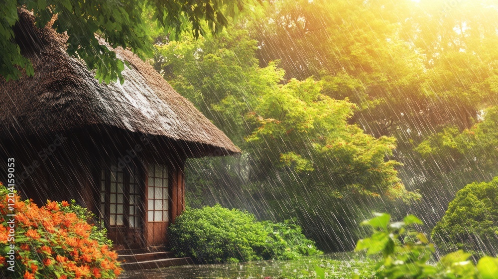 Thatched-roof house in rain, lush garden. Thatched-roof house in rain, lush garden.