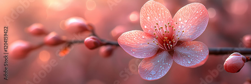 Blooming pink cherry blossom with dew drops on a warm spring morning