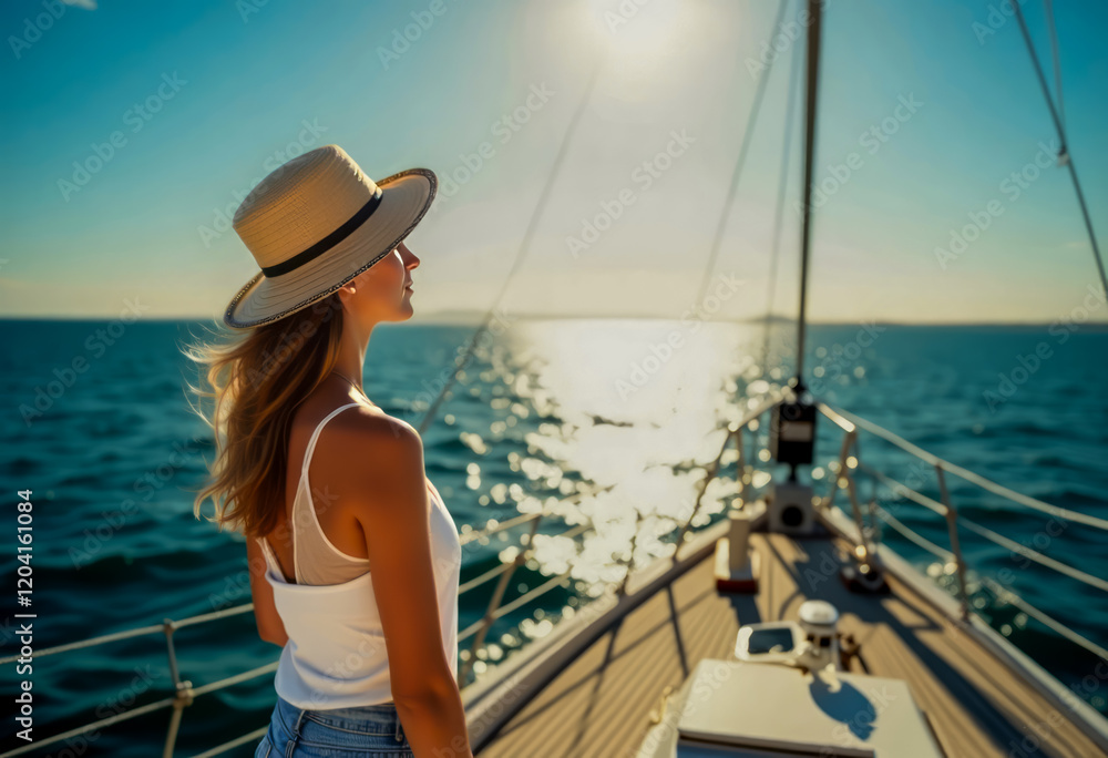 On a sunny summer morning, a young traveler woman in a stylish hat stands on deck of a sailboat, gazing out at sparkling sea with a wide-angle view, feeling warm breeze and promise of adventure On a sunny summer morning, a young traveler woman in a stylish hat stands on deck of a sailboat, gazing out at sparkling sea with a wide-angle view, feeling warm breeze and promise of adventure