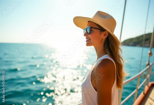 Wallpaper Mural On a sunny summer morning, a young traveler woman in a stylish hat stands on deck of a sailboat, gazing out at sparkling sea with a wide-angle view, feeling warm breeze and promise of adventure Torontodigital.ca