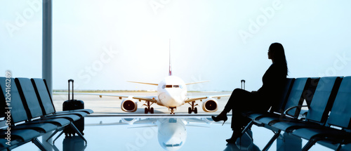 travel by plane, woman passenger waiting in airport, silhouette of passenger in airport watching aircraf photo