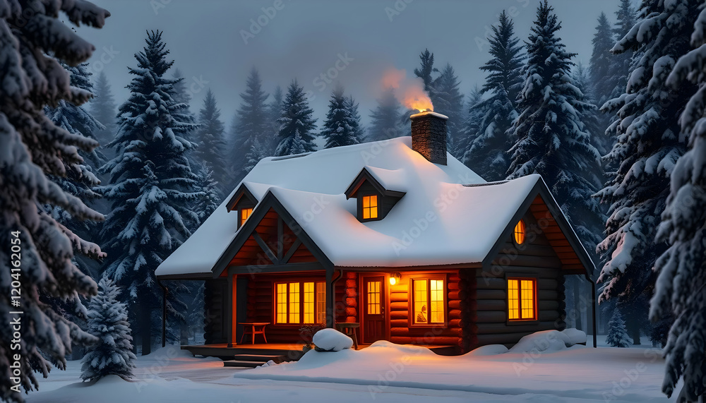 Naklejka premium Cozy Winter Cabin in Snowy Forest at Dusk