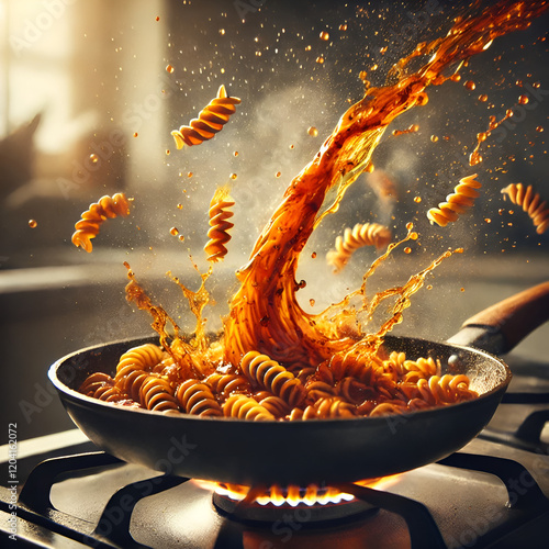 Pasta Tossing in a Pan with Rich Red Sauce photo