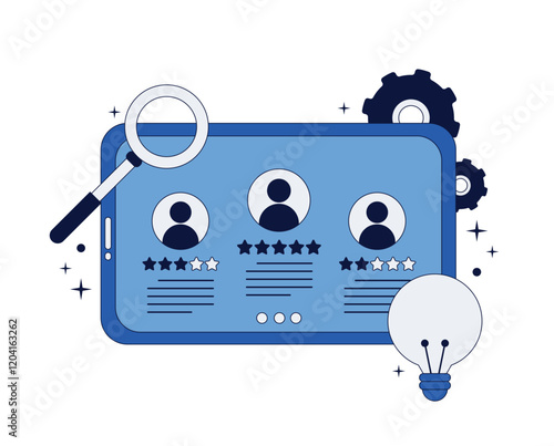 User or product rating concept. Tablet with three user profiles with star ratings. Vector illustration