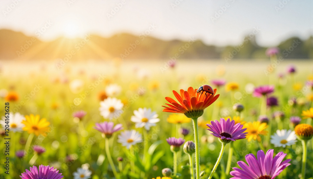 Flower garden with ladybug on orange daisy at sunrise Flower garden with ladybug on orange daisy at sunrise