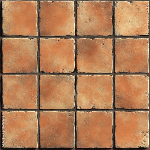 Rustic terracotta tiles, square, textured surface.  Perfect for flooring or wall.