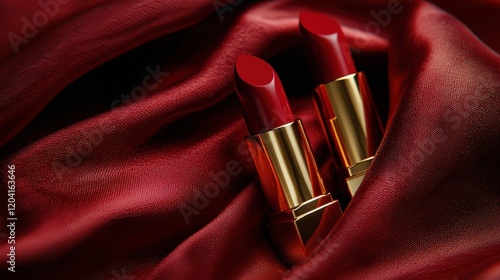 Luxurious Red Lipsticks on Silky Crimson Fabric Background