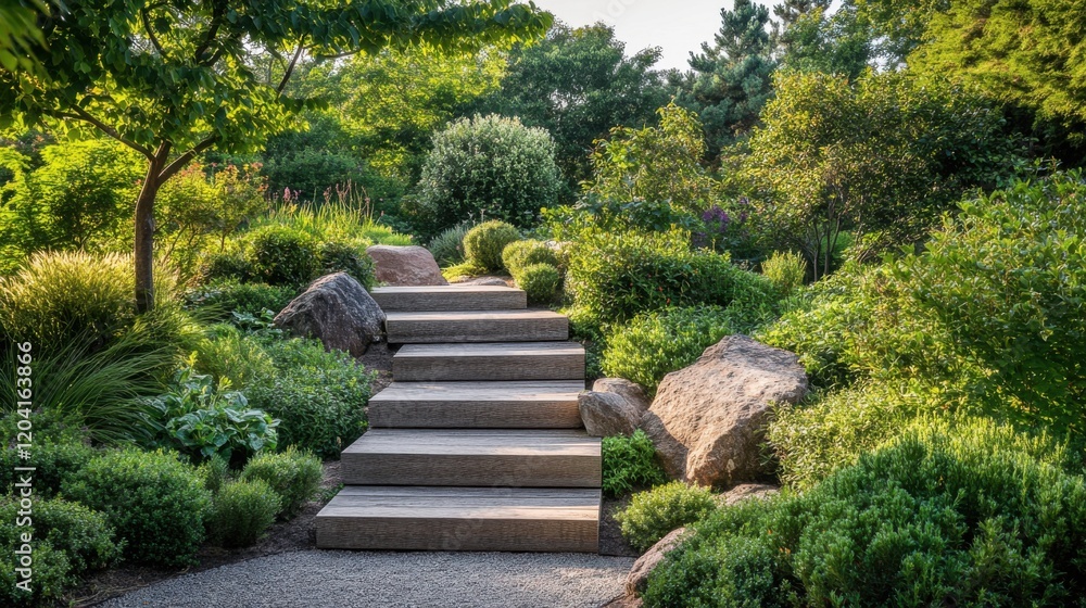 Serene garden path with wooden steps and greenery Serene garden path with wooden steps and greenery