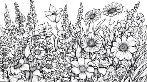 Wallpaper Mural Detailed black and white line art of various flowers and plants arranged densely Torontodigital.ca