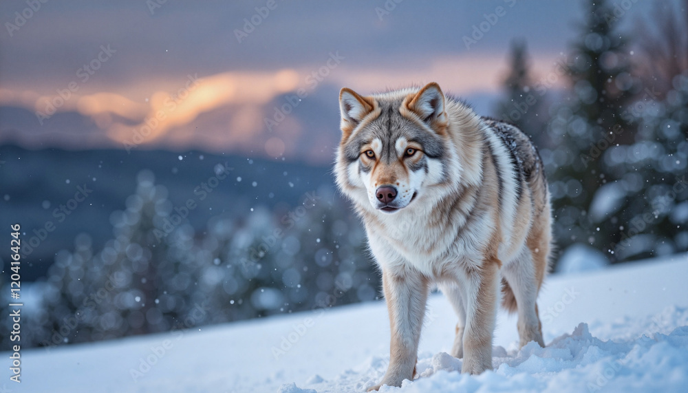 Wolf standing in snowfall with mountains in background Wolf standing in snowfall with mountains in background