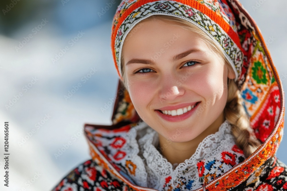 Smiling woman in traditional winter attire. Bright colors and intricate patterns. Smiling woman in traditional winter attire. Bright colors and intricate patterns.