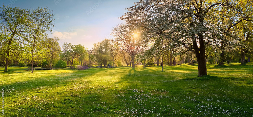 Fototapeta premium Spring colors and warm light, wide angle view of awakening city park