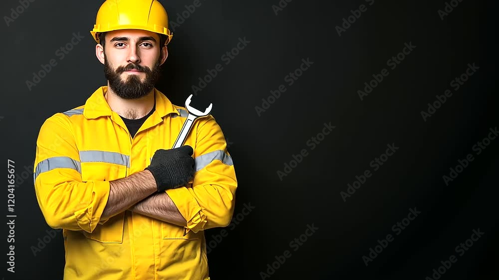 Friendly plumber in a bright yellow uniform with reflective stripes, holding an adjustable wrench. Black-to-yellow gradient with industrial-themed elements. Friendly plumber in a bright yellow uniform with reflective stripes, holding an adjustable wrench. Black-to-yellow gradient with industrial-themed elements.