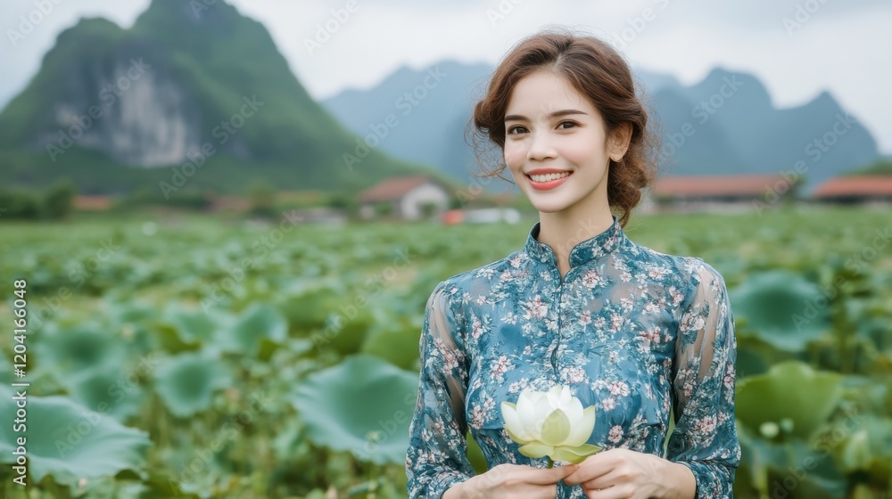 Woman in floral dress smiles, holding lotus flower in a field with mountains in the background. Woman in floral dress smiles, holding lotus flower in a field with mountains in the background.
