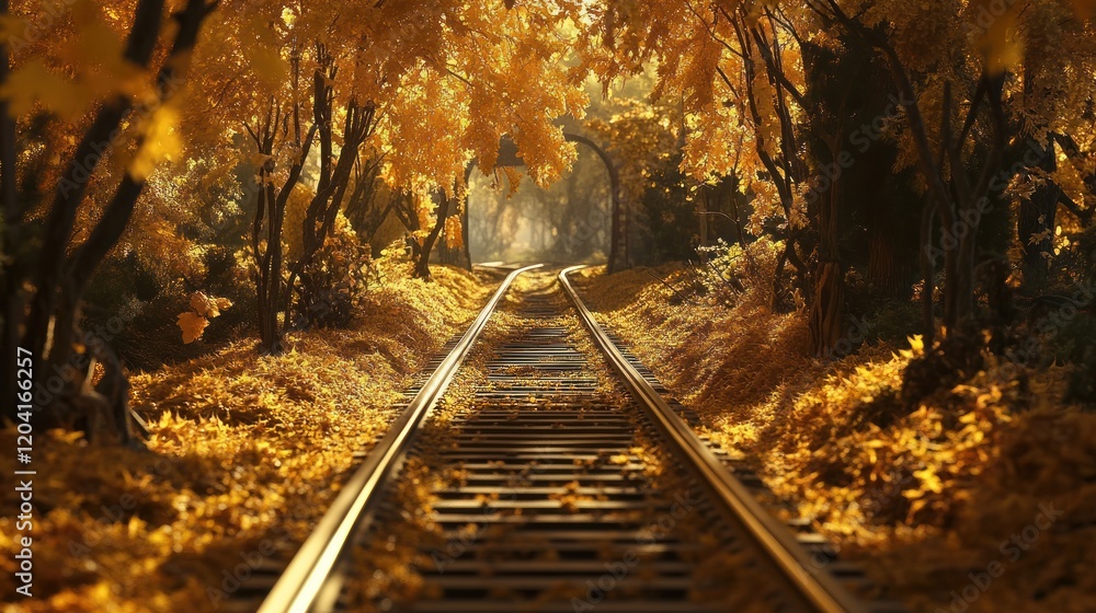 Naklejka premium Autumnal railroad tracks vanish into golden foliage tunnel.
