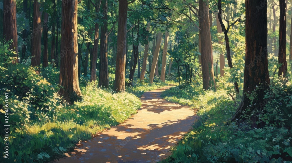 Serene sunlit forest path through tall trees Serene sunlit forest path through tall trees