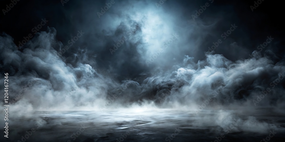 Dense fog swirls in the darkness, gloomy ambiance, , with copy space