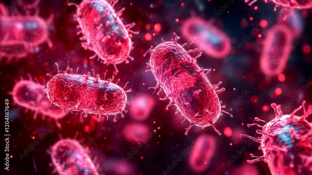 Closeup of bacteria floating in red liquid environment with moving particles Closeup of bacteria floating in red liquid environment with moving particles