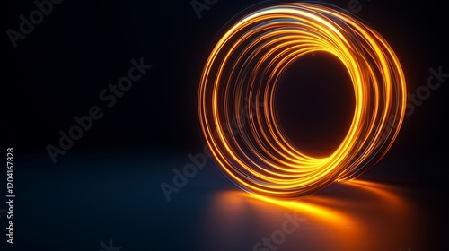 Glowing spiral light trail in a dark room, creating a dynamic yet minimalist abstract pattern that stands out against the black background photo