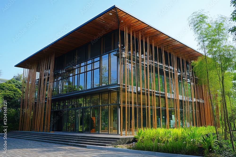 A modern building constructed with green building materials such as recycled steel, bamboo flooring, and eco-friendly insulation, showcasing the benefits of sustainable architecture. A modern building constructed with green building materials such as recycled steel, bamboo flooring, and eco-friendly insulation, showcasing the benefits of sustainable architecture.