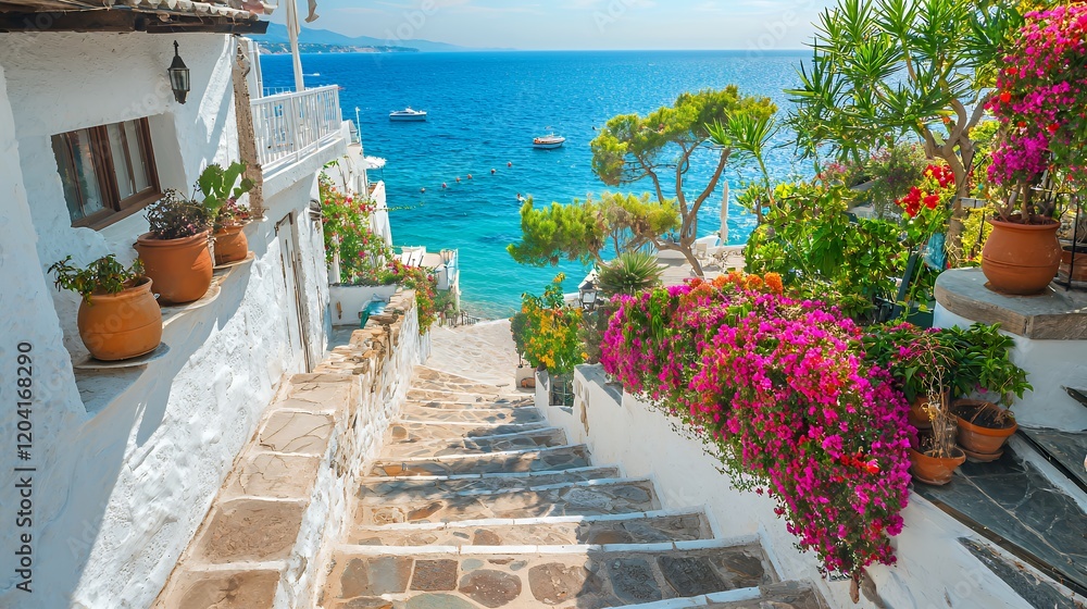 Fototapeta premium Idyllic Coastal Steps: A Mediterranean Escape