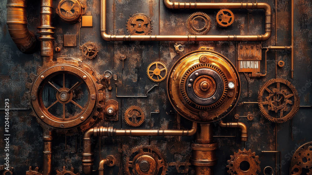 An elaborate steampunk background features a mesmerizing arrangement of gears, pipes, and mechanical components, evoking an industrial vibe.