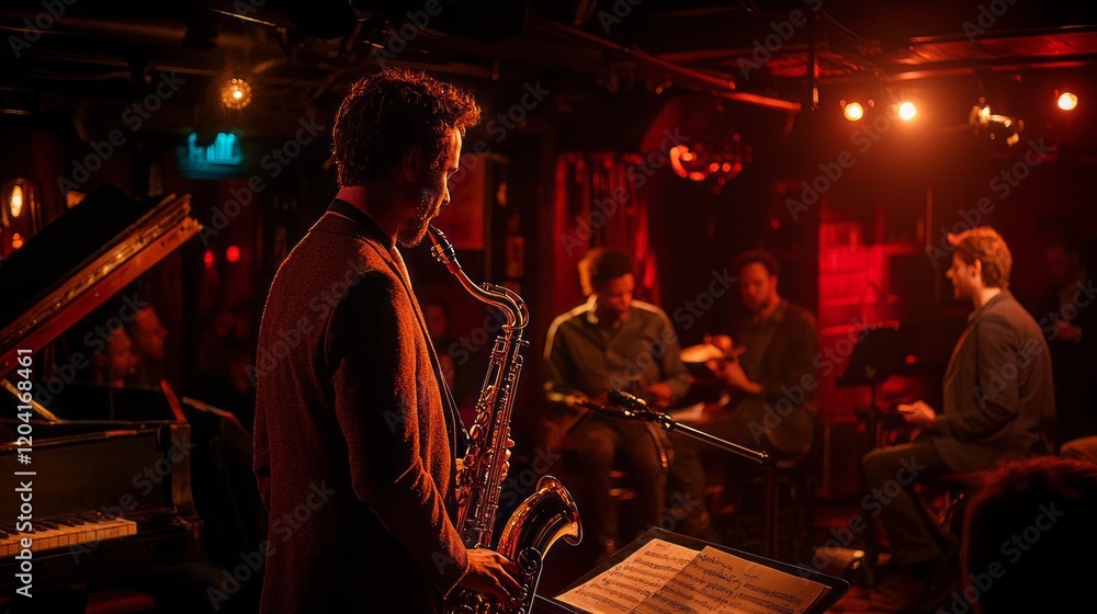 Obraz premium Under soft lights, a talented saxophonist leads a dynamic jazz band, enchanting the crowd with smooth rhythms. Musicians exchange lively energy, creating a soulful atmosphere in the cozy venue
