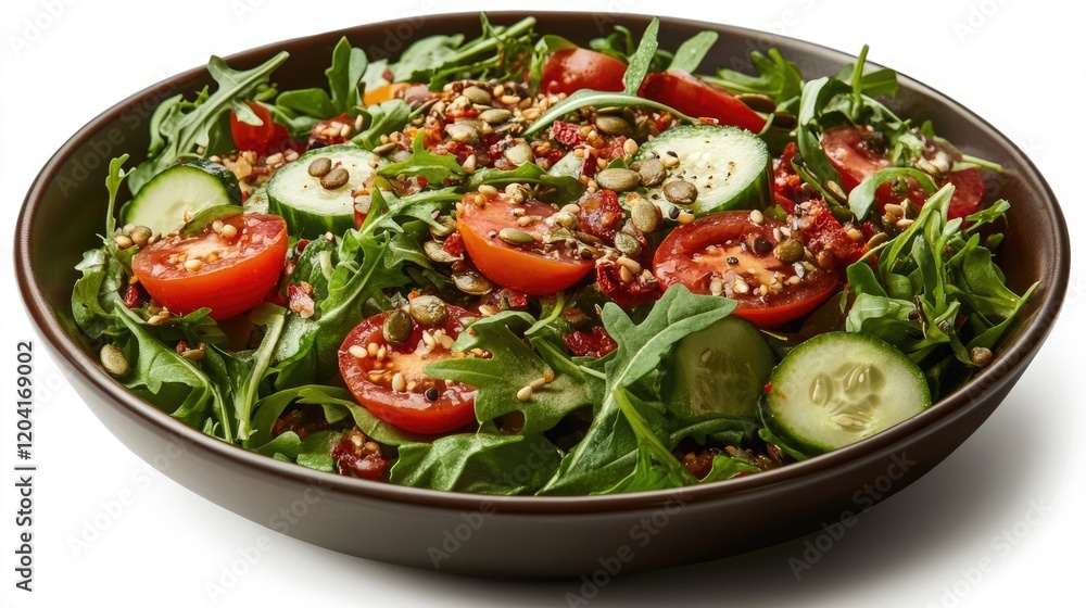 A fresh spring salad served in a bowl with greens, tomatoes, cucumber, and seeds. A fresh spring salad served in a bowl with greens, tomatoes, cucumber, and seeds.