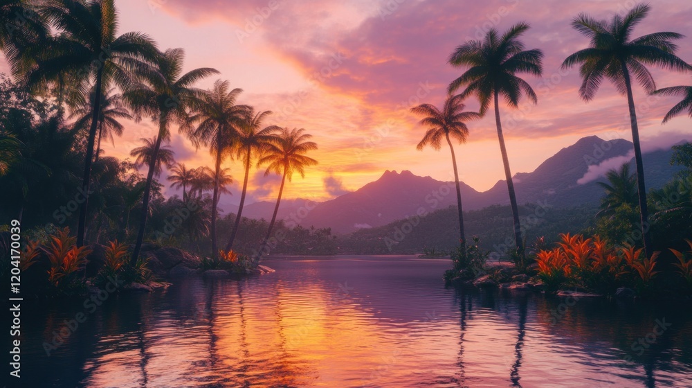 Vibrant sunset over tranquil tropical lagoon with palm trees. Vibrant sunset over tranquil tropical lagoon with palm trees.