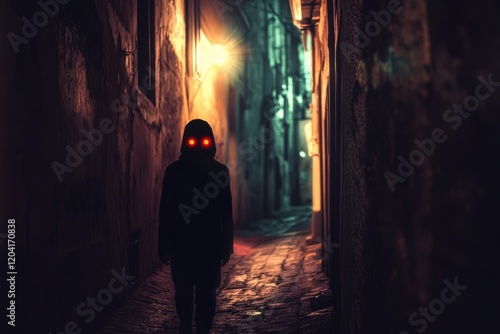 Shadowy Figure Walks Nighttime Alleyway Glowing Eyes photo