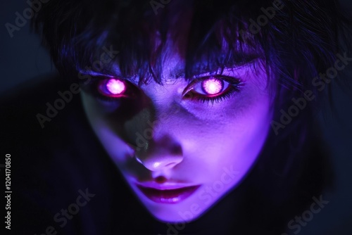 Obraz na płótnie Young Woman With Glowing Purple Eyes In The Dark w salonie