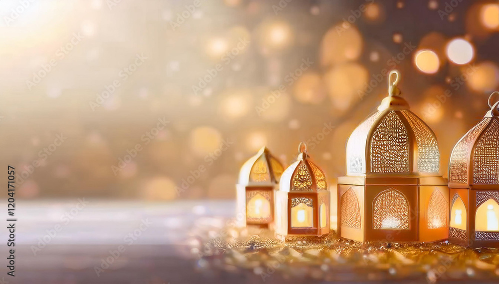 Fototapeta premium Beautifully Illuminated Mosque with Golden Domes and Minarets Under a Starry Night Sky with Hanging Lights