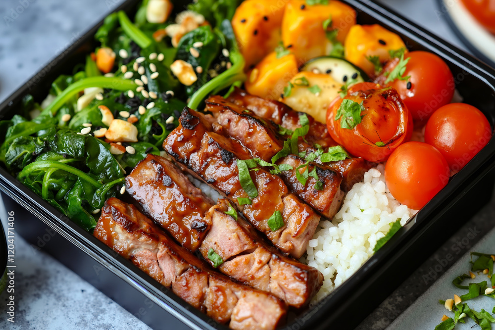 A meal in a plastic container with meat, vegetables and rice A meal in a plastic container with meat, vegetables and rice