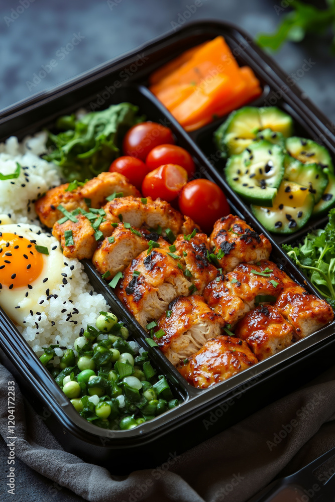 A meal in a plastic container with rice, vegetables and a fried egg A meal in a plastic container with rice, vegetables and a fried egg