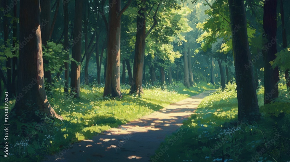 Obraz premium Sunlit forest path through tall trees