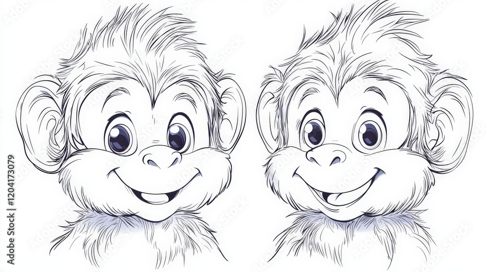 Obraz premium Playful Cartoon Baby Monkey in Simple Line Art Style