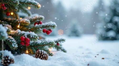 Winter Wonderland Festive Evergreen Branch Adorned with Snow, Berries, and Glimmering Lights Resting on a Snowy Ground photo