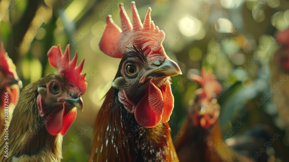 custom made wallpaper toronto digitalA group of ayam kampung chickens pecking at organic feed on a clean eco-friendly farm, sunlight highlighting their vibrant feathers and natural textures.