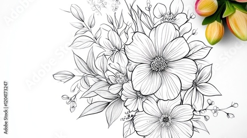 Detailed floral line art with realistic blossoms and leaves for design projects