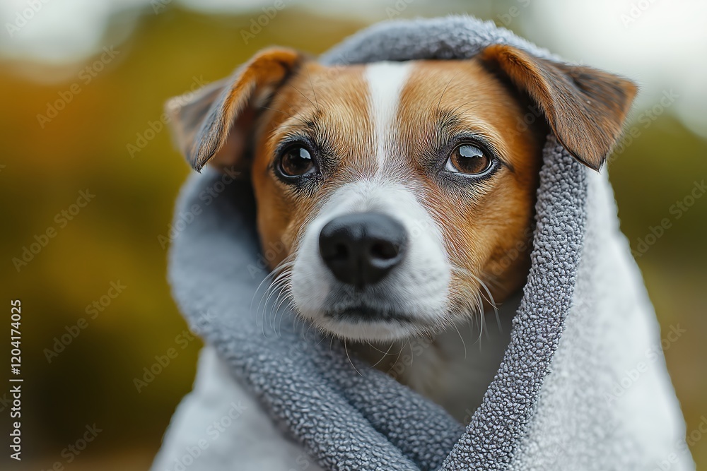 This adorable dog wrapped in a towel after a bath looks curious and cozy. The soft towel adds warmth to its freshly cleaned fur. This adorable dog wrapped in a towel after a bath looks curious and cozy. The soft towel adds warmth to its freshly cleaned fur.