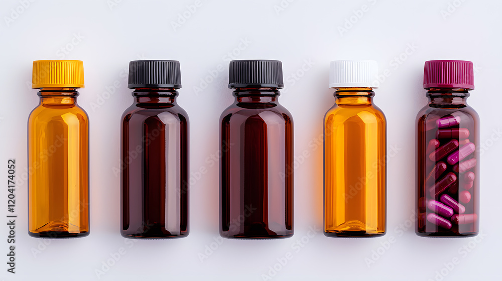 Exploring glass bottles for medicine and supplements studio environment product close-up view health concepts Exploring glass bottles for medicine and supplements studio environment product close-up view health concepts