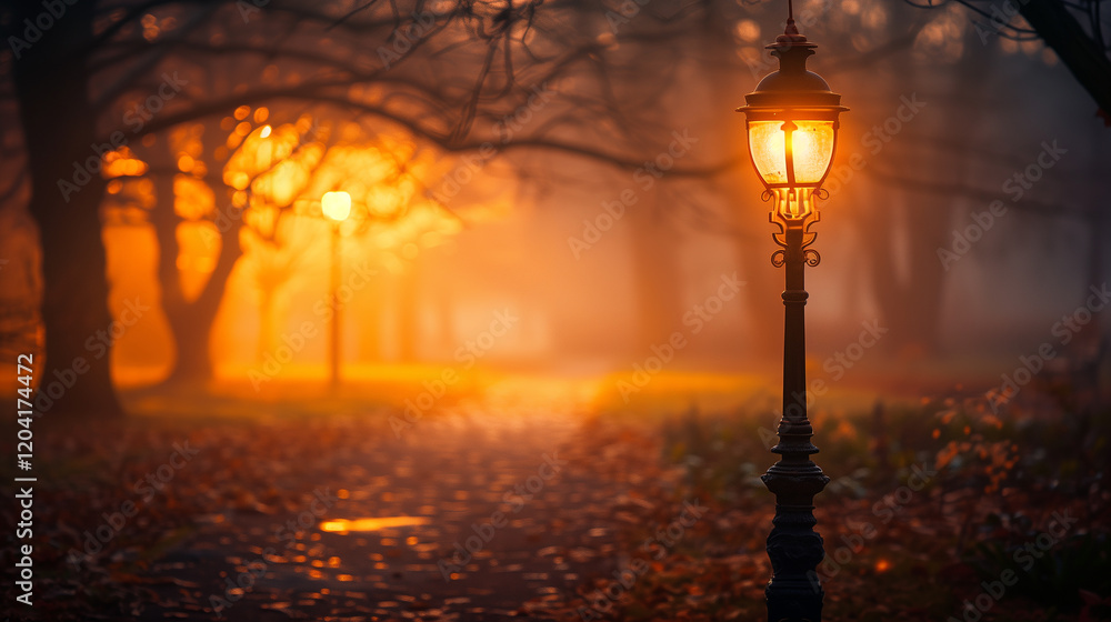 Obraz premium Golden Light of Dawn in a Misty Park