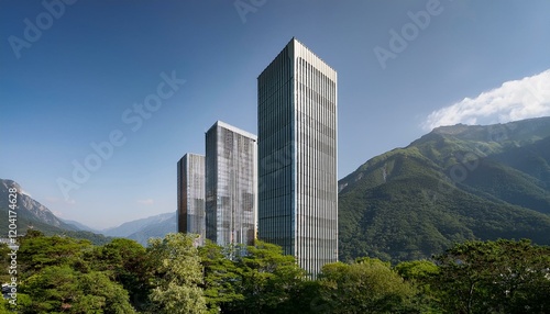 Wallpaper Mural 고층 빌딩들이 산을 배경으로 세워져 있는 풍경, 산의 경치와 빌딩들 Torontodigital.ca