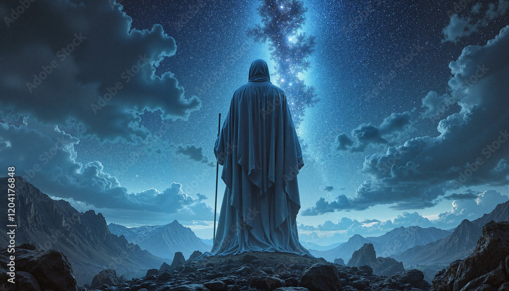 Hooded figure gazing at starry night sky in a mountainous landscape Hooded figure gazing at starry night sky in a mountainous landscape